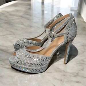 Thalia Sodi Silver Crystal Embellished T-Strap Platform Pumps